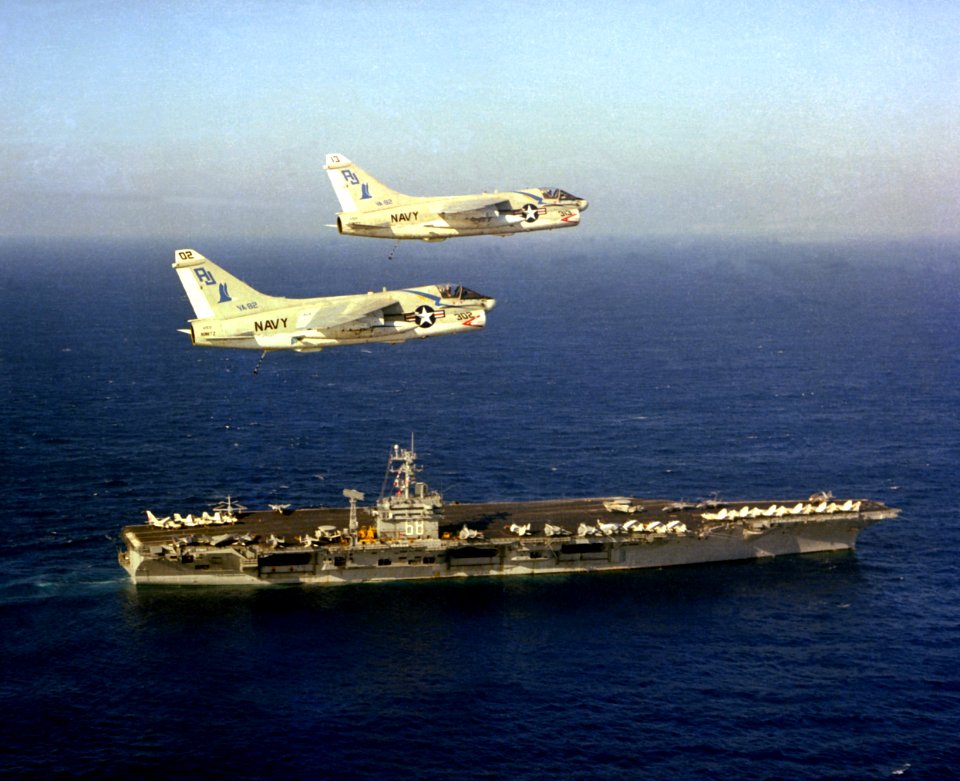 A-7Es VA-82 over USS Nimitz (CVN-68) 1979