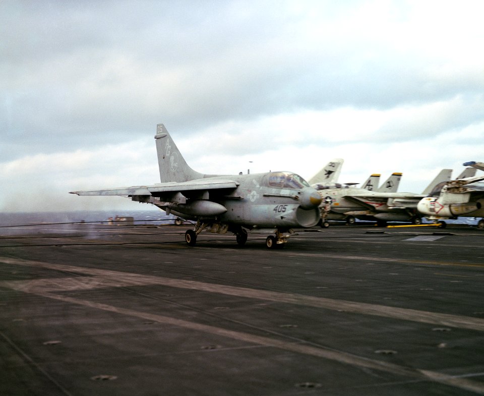 A-7E VA-12 landing on USS Eisenhower (CVN-69) Jan 1985