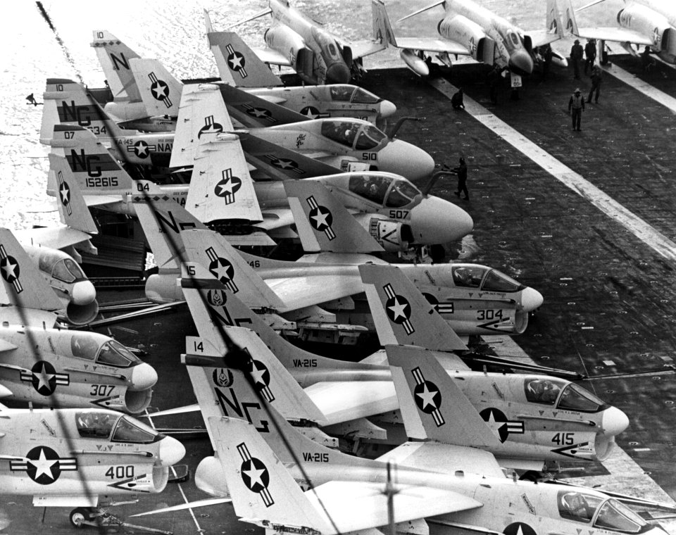 A-7s and A-6s on USS Enterprise (CVAN-65) flight deck 1969