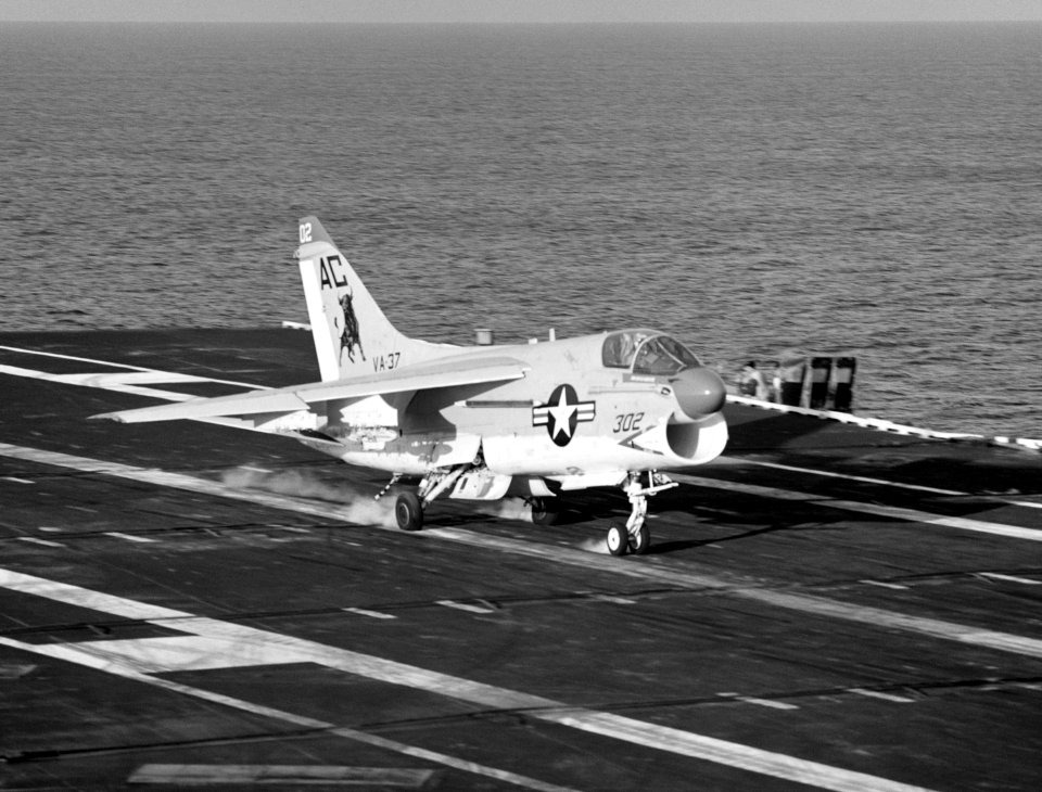 A-7E VA-37 landing on USS Saratoga (CV-60) 1980