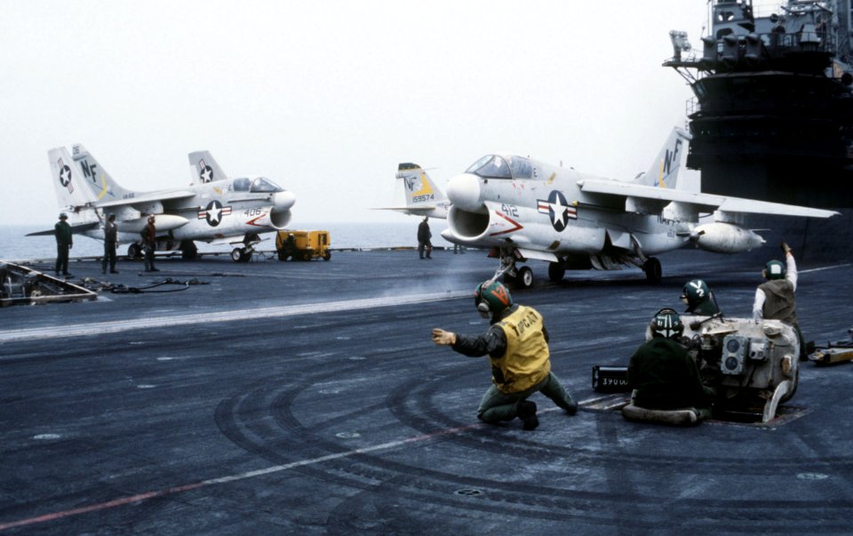 A-7E VA-56 on cat USS Midway (CV-41) 1979