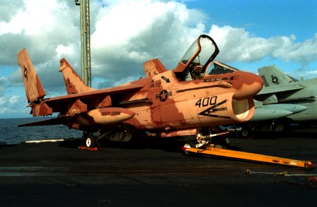 A-7E VA-72 in special camouflage on USS Kennedy (CV-67) 1990