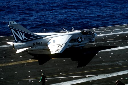 A-7E VA-97 after landing on USS Coral Sea (CV-43) 1981