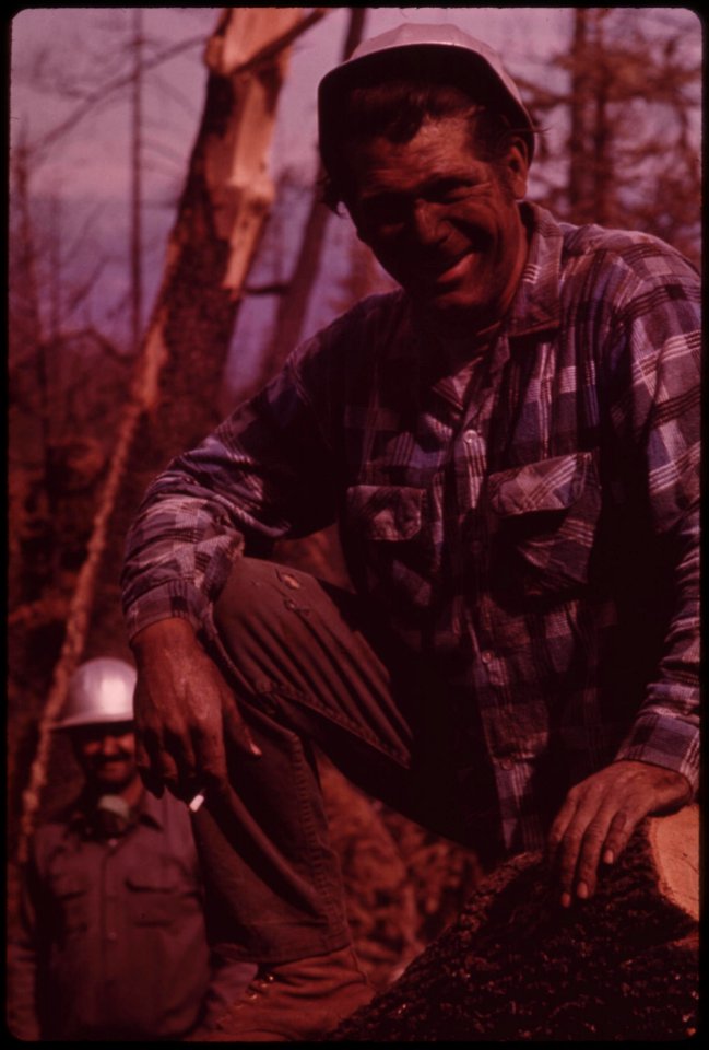 A-cat-skinner-in-the-burn-area-known-as-granite-fire-cat-skinners-chain-logs-to-caterpillar-tractors-the-cat-then-pulls-logs-to-landing-area-for-loading-onto-trucks-september-1973 7153089781 o
