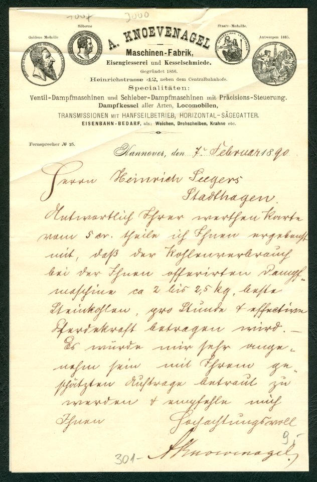 A. Knoevenagel Maschinen-Fabrik Eisengiesserei und Kesselschmied Briefbogen 1890-02-07 Seite 1