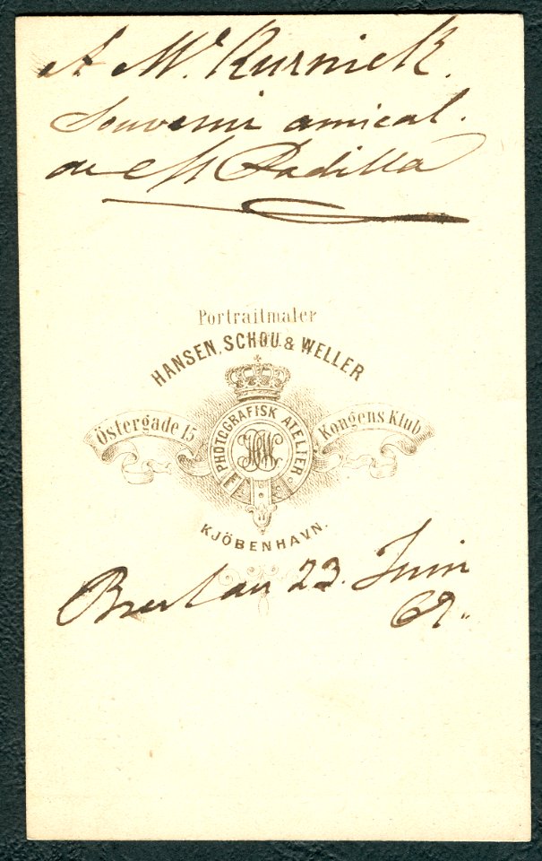 A. W. Kurni... by Portraitmaler Hansen, Schou & Weller, Photografisk Atelier, Kjöbenhavn Östergade 15 Kongens Klub 1869 back side