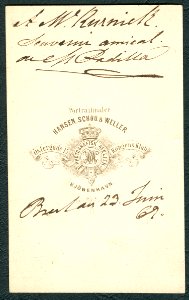 A. W. Kurni... by Portraitmaler Hansen, Schou & Weller, Photografisk Atelier, Kjöbenhavn Östergade 15 Kongens Klub 1869 back side