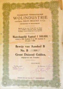 Aandeel NV Wolindustrie vh Jules Regout & Co, 1921