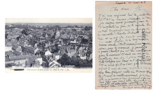 ABBEVILLE — Panorama pris de l'église Saint Jacques sur l'Hôtel de Ville & courrier d'un soldat de la Grande Guerre à son copain d'infortune