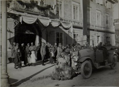 Abfahrt Sr. Kais.Hoh.Erzherz.Friedrich und GdK.Exllz.Dankl um 2 Uhr nachm.von Hotel Post.(23.11.1915.) (BildID 15459737)