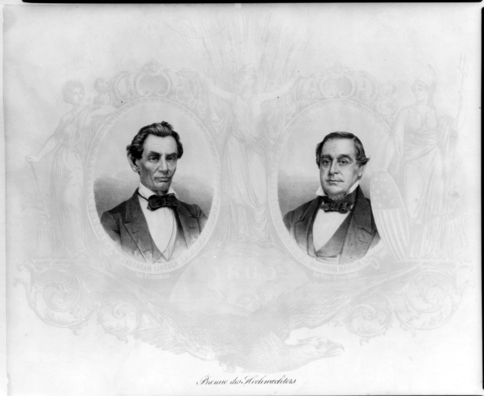 Abraham Lincoln, oval, unbearded, facing slightly right, with oval bust of Hannibal Hamlin, facing slightly left LCCN2007681269