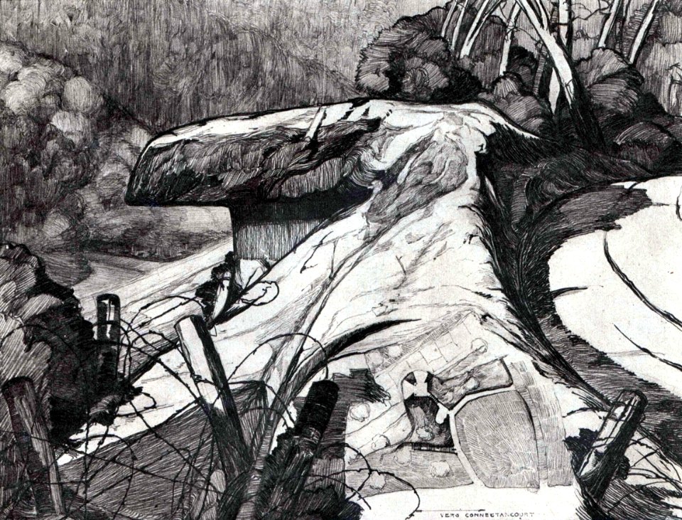 Abri allemand de mitrailleuses dan le bois d'Orval (Oise), dessin d'Andre Ventre