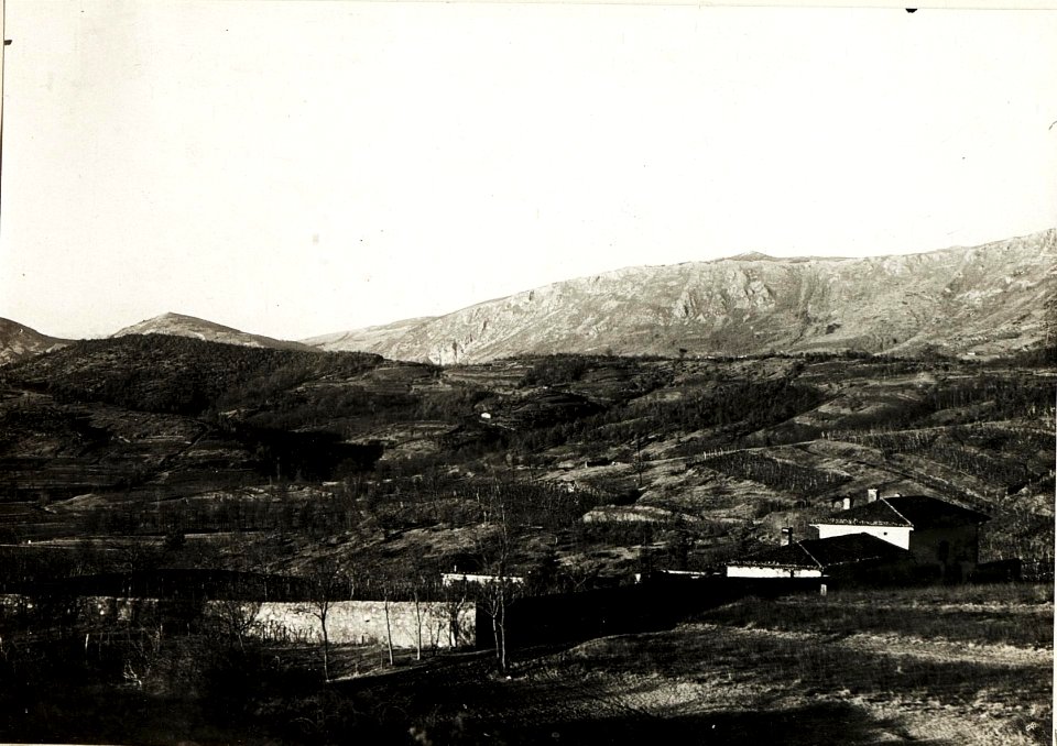 Abteilungsgebäude in Zalosce nächst Dornberg, mit Ternovanerwald im Hintergrund 9.1.1916. (BildID 15594621)