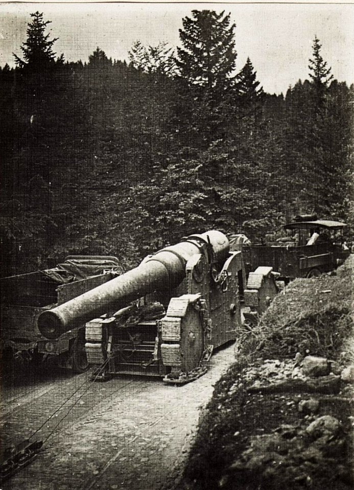 Abtransport eines erbeuteten italienischen 26cm Schiffsgeschützes im Wald des Monte Rover. (BildID 15576453)