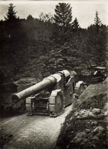 Abtransport eines erbeuteten italienischen 26cm Schiffsgeschützes im Wald des Monte Rover. (BildID 15576453)