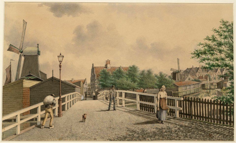 Achterweg, Gillis van Ledenberchstraat, gezien in noordelijke richting met bruggetjes over de verbindingssloot tussen Middenweg (Zaagmolenbuurt)