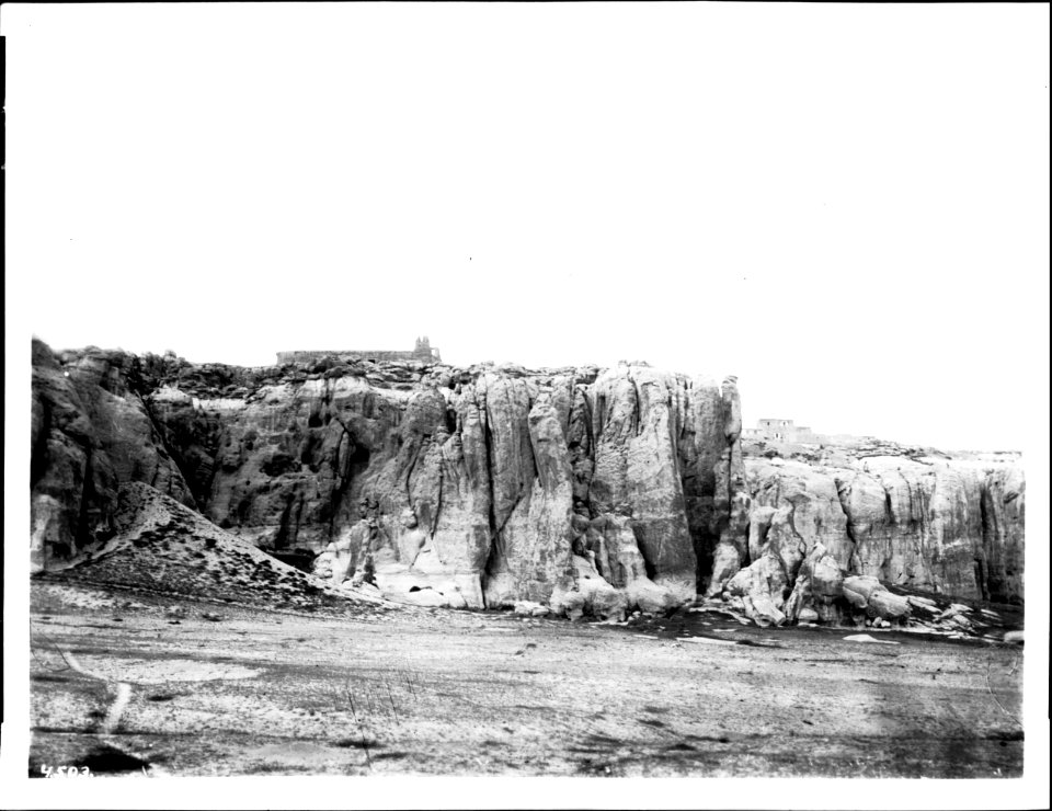 Acoma Pueblo's old church viewed from the foot of Mesa Encantada, ca.1900 (CHS-4503)