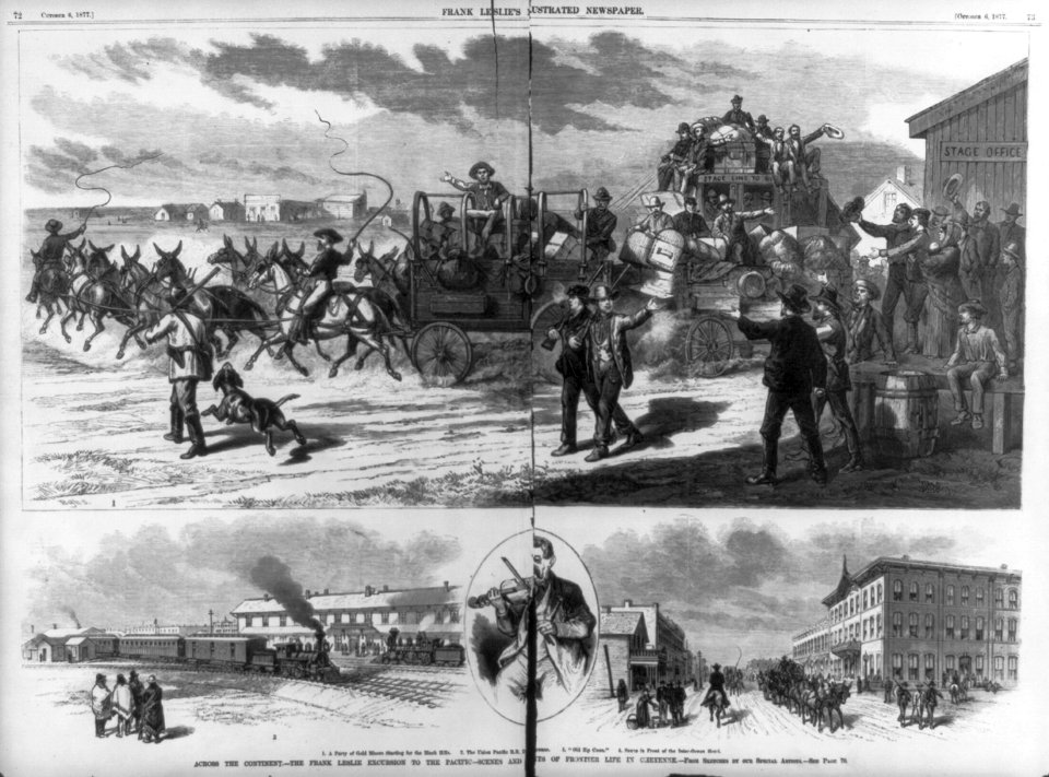 Across the continent - The Frank Leslie excursion to the Pacific - Scenes of frontier life in Cheyenne- 1. A party of gold miners starting for the Black Hills; 2. The Union Pacific R.R. LCCN99614023