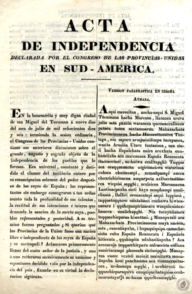 Acta de Independencia de las Provincias Unidas en Sud América - Español - Aymara
