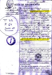 Acta de nacimiento Alfonso Daniel Manuel Rodríguez Castelao