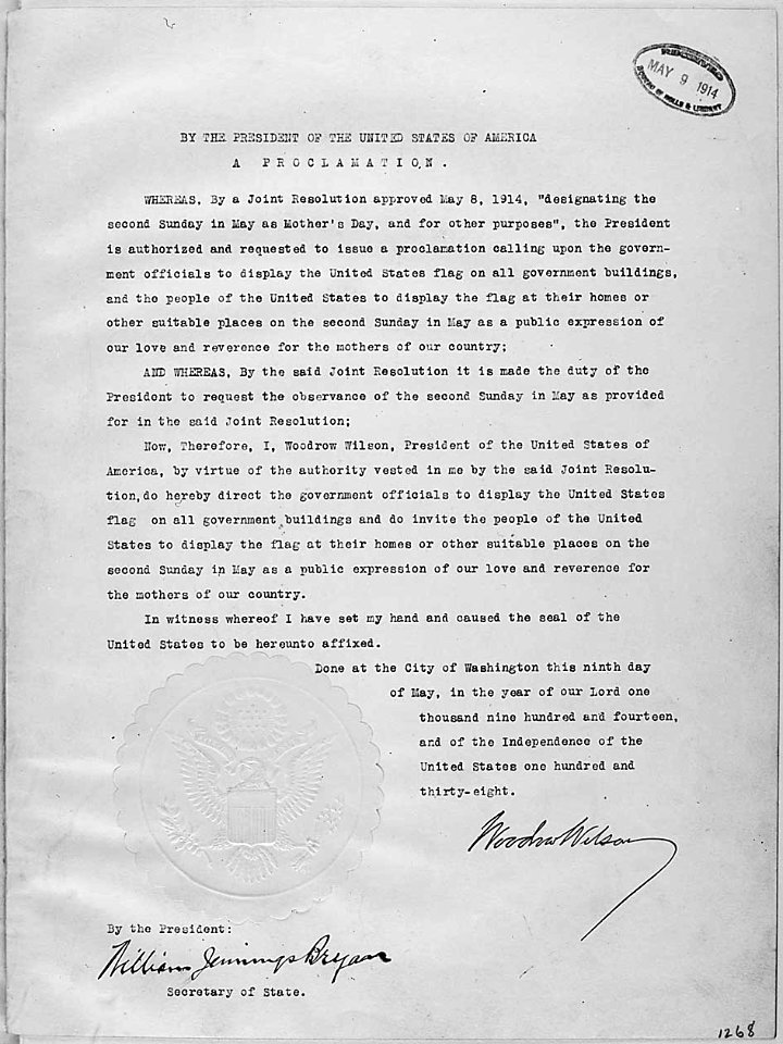President Woodrow Wilson's Mother's Day Proclamation of May 9, 1914 (Presidential Proclamation 1268)