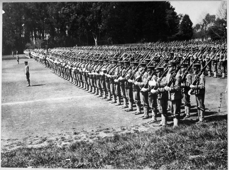 Activity in the ranks of University of California unit. Photo shows California students inspection drill on the... - NARA - 533482