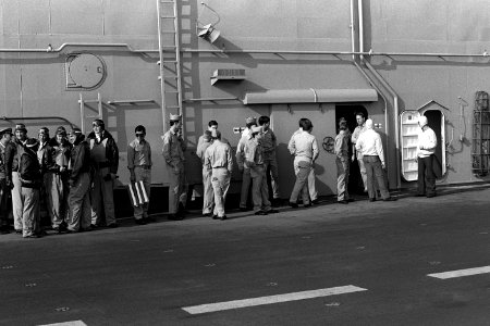 Actors during The Winds of War TV series filming aboard USS Peleliu (LHA-5) 1981