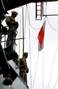 Actors on USS Lexington (AVT-16) during filming of War and Remembrance in 1987