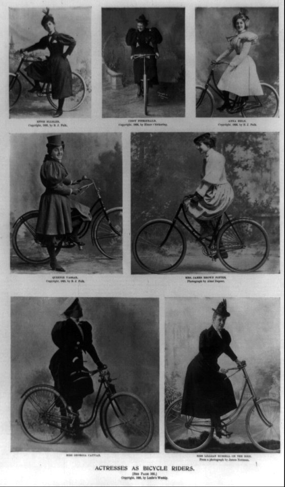Actresses as bicycle riders (7 illustrations of actresses with bicycles- 1. Effie Ellsler; 2. Cissy Fitzgerald; 3. Anna Held; 4. Queenie Vassar; 5. Mrs. James Brown Potter; 6. Miss Georgia LCCN2001696508