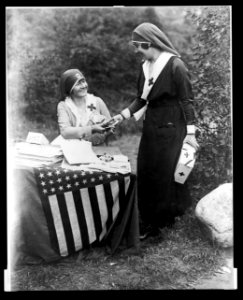 Actresses Frances Starr and Bijou Fernandez counting money collected at the National Red Cross Pageant, Huntington, Long Island, Oct. 5, 1917 LCCN2005695725