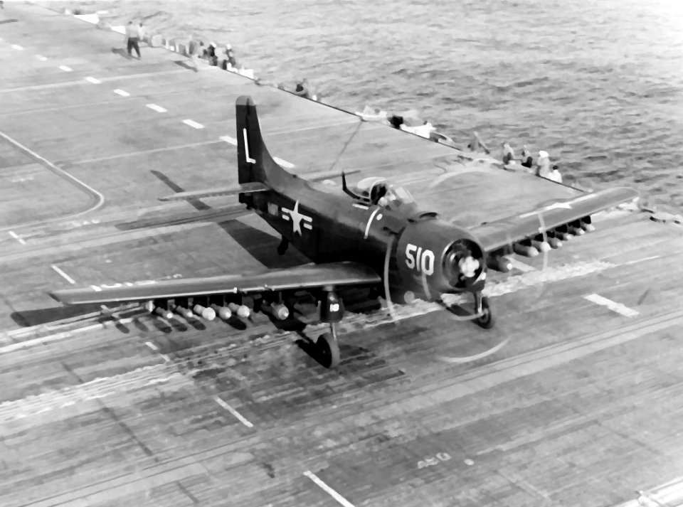 AD-4 of VA-75 taking off from USS Bon Homme Richard (CV-31) off Korea 1952