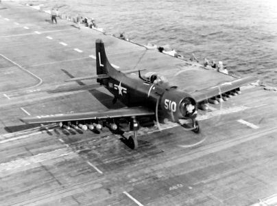 AD-4 of VA-75 taking off from USS Bon Homme Richard (CV-31) off Korea 1952