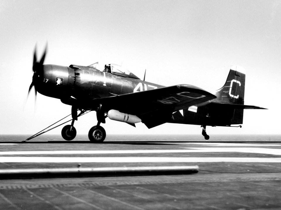 AD-1 Skyraider of VA-64 is launched from USS Coral Sea (CVB-43) on 14 September 1948 (NNAM.1996.253.933)