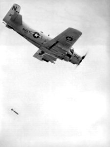 AD-6 Skyraider of VA-55 dropping bomb in 1957