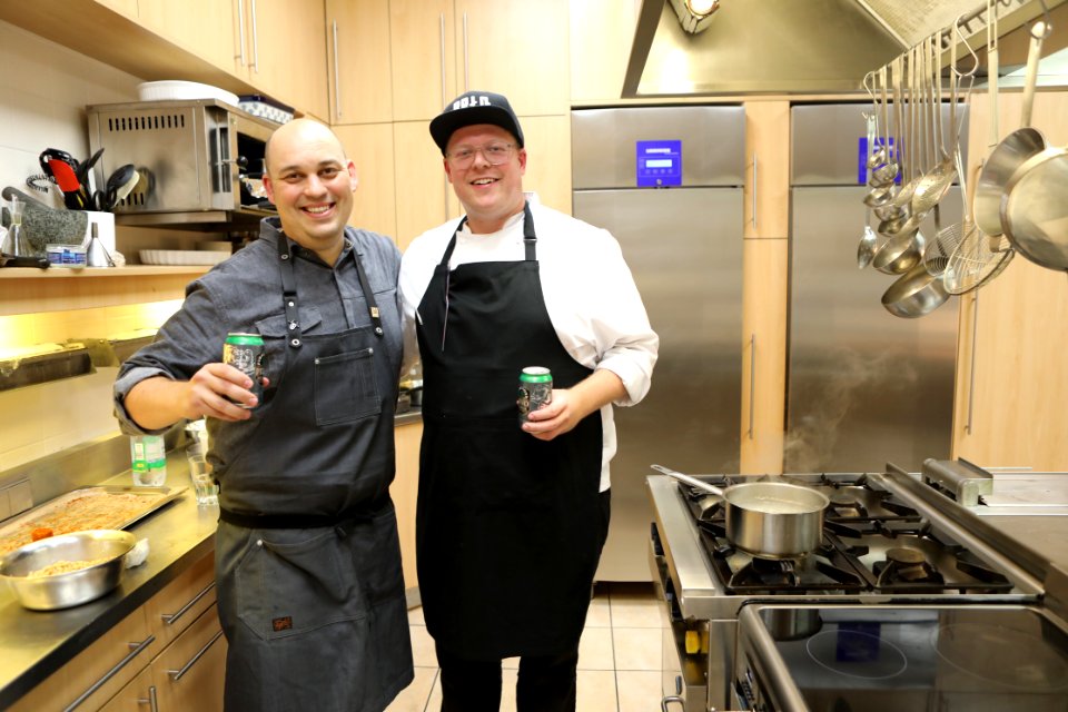 Adam Dulye and Ben Pommer in the kitchen, 2019