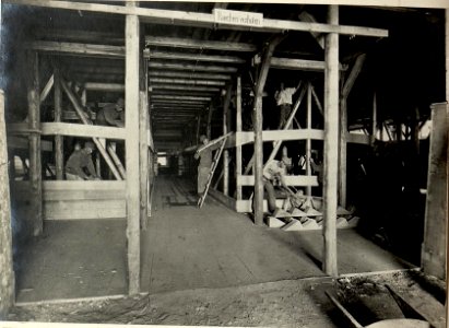 Adaptierung der gedeckten Reitschule in Seebach zur Unterkunft für 3000 Mann. Herstellung der Zimmerarbeiten im Innern der Reitschule. Aufgenommen am 21. Juli 1916. (BildID 15477877)