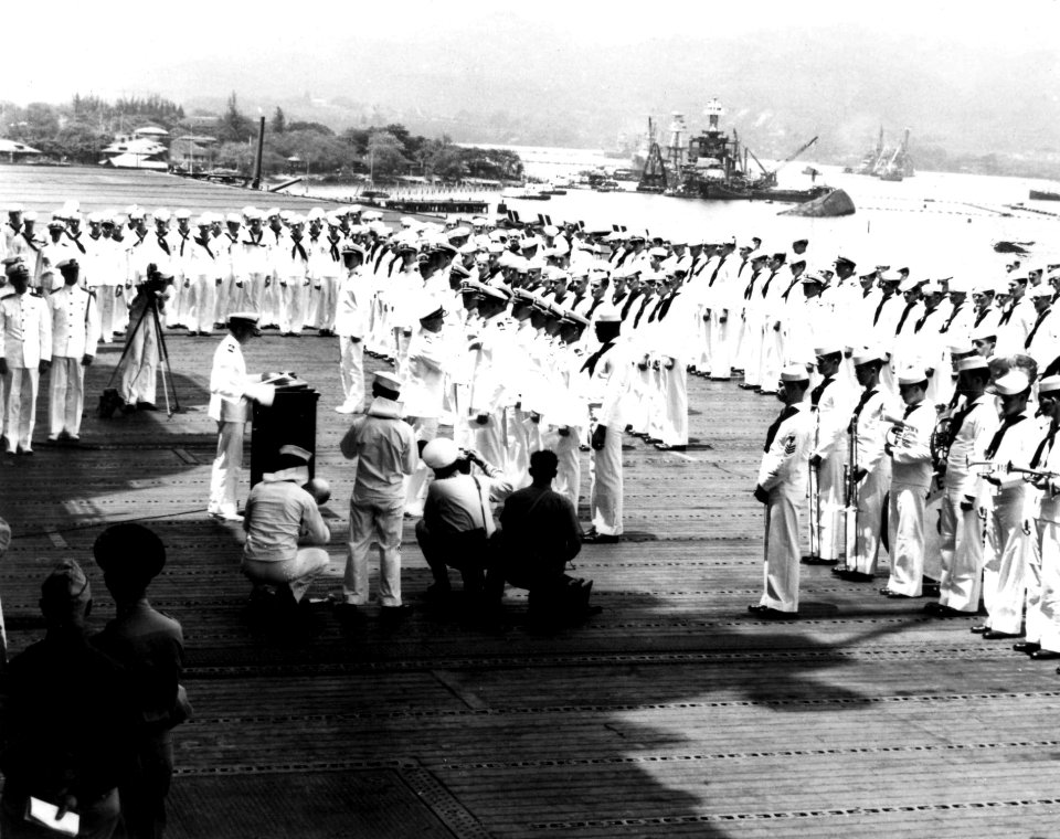 Adm Nimitz presents awards on USS Enterprise (CV-6) 1942