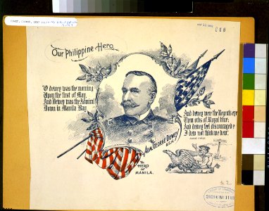 Adm. George Dewey, head-and-shoulders portrait, facing left, in uniform, with patriotic border of U.S. flag, poem by Eugene F. Ware, and vignette of eagle pulling warship LCCN97517290