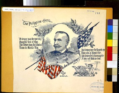 Adm. George Dewey, head-and-shoulders portrait, facing left, in uniform, with patriotic border of U.S. flag, poem by Eugene F. Ware, and vignette of eagle pulling warship LCCN97517290