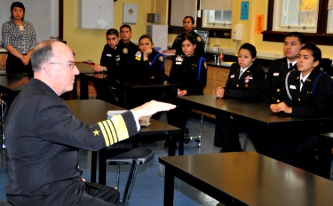 Adm. J. C. Harvey Jr., commander, United States Fleet Forces Command, talks with students at Hyman G. Rickover Naval Academy