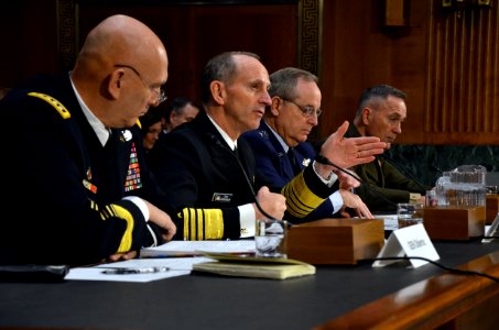 Adm. Jonathan Greenert, center left, testifies before the Senate Armed Services Committee. (16395217872)