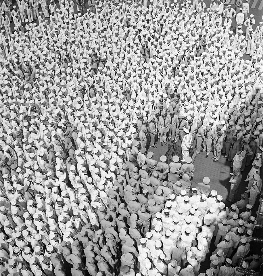 Adm. Lord Louis Mountbatten, RN, addresses personnel aboard the USS Saratoga (CV-3) at Trincomalee, Ceylon. Adm.... - NARA - 520888
