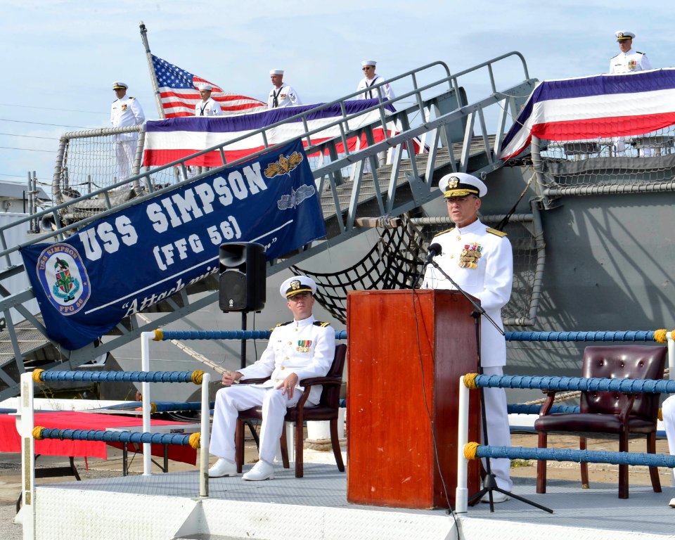 Adm. Rick Williamson delivers remarks during the decommissioning of USS Simpson. (21680724830)