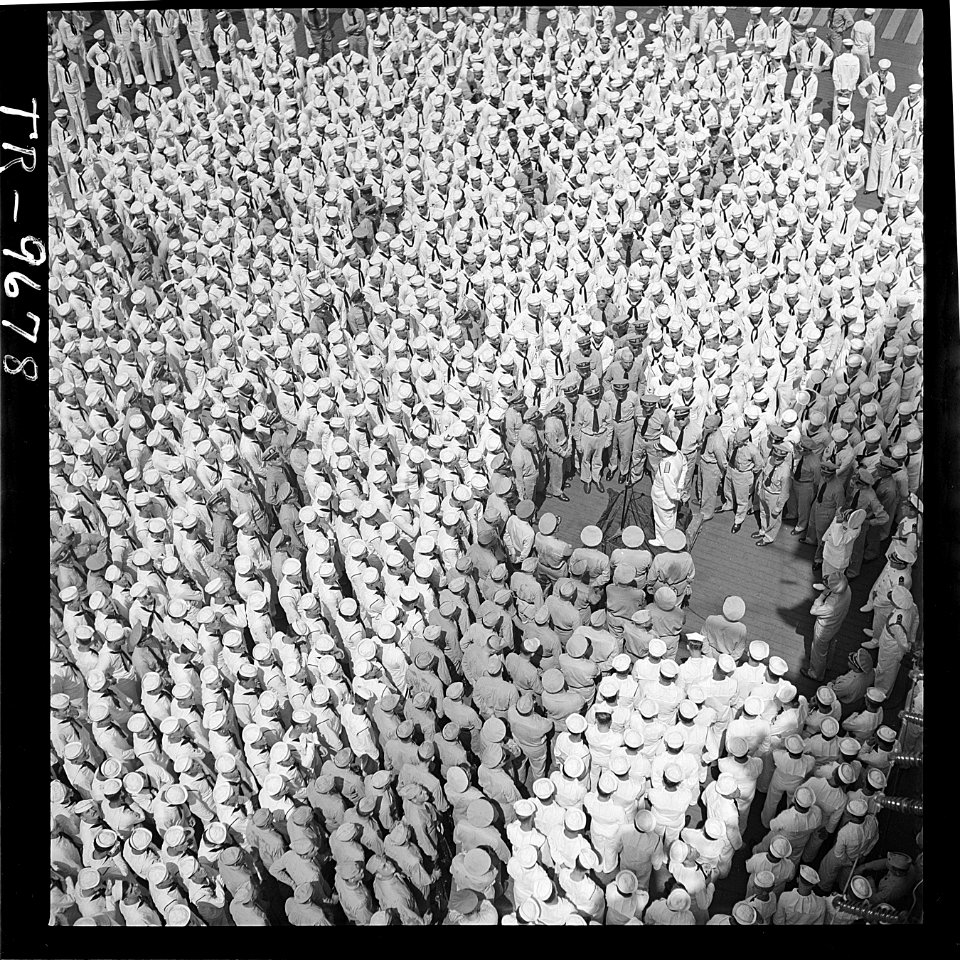 Adm. Lord Louis Mountbatten, RN, addresses personnel aboard the USS Saratoga (CV-3) at Trincomalee, Ceylon. Adm.... - NARA - 520888
