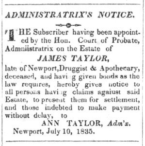 Administratrix notice for estate of James Taylor and Ann Taylor, Adm'x LCCN2002719623