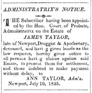 Administratrix notice for estate of James Taylor and Ann Taylor, Adm'x LCCN2002719623