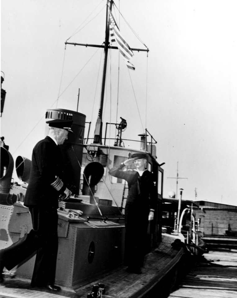 Admiral Forrest Sherman, USN, inspecting Rhine River Patrol in 1950