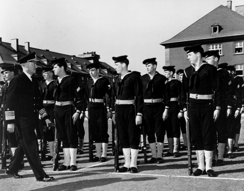 Admiral Forrest P. Sherman inspects honour guard at Heidelberg in March 1950
