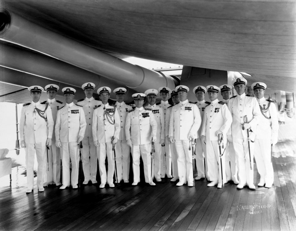 Admiral Frank B. Upham with his staff on board USS Augusta (CA-31) at Manila, circa January 1935 (NH 86636)