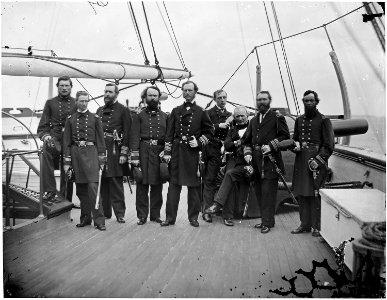 Admiral John A. Dahlgren and group. 1. Lieut. Commander E.J. Dichman, 2. Fleet Surgeon Wm. Johnson, 3. Paymaster J.H.... - NARA - 524483